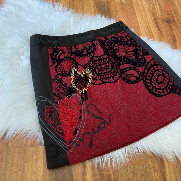 Desigual Embroidered Heart We Love Tweed Wool Blend Mini Skirt - Picture 4 of 16